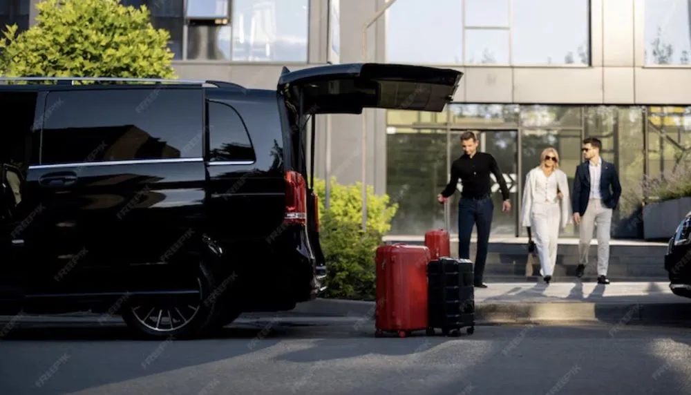 Happy Prime Ride Shuttles customers beside their black SUV