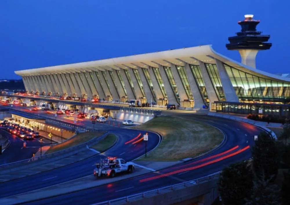 Dulles International Airport terminal at dusk