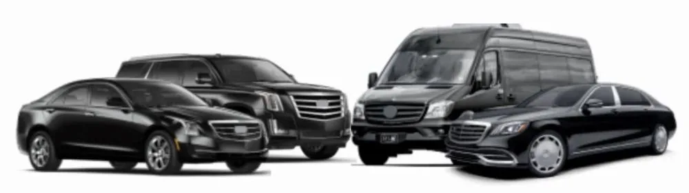 Prime Ride Shuttles fleet lineup - black sedans, SUV and Sprinter